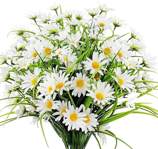 4 Bundles Artificial Silk Daisy Flowers Fake Daisies Plastics Plants Flower Faux Wildflowers Outdoor UV Resistant for Home Decor Indoor Outside Porch Patio Garden Planters Decoration (White)