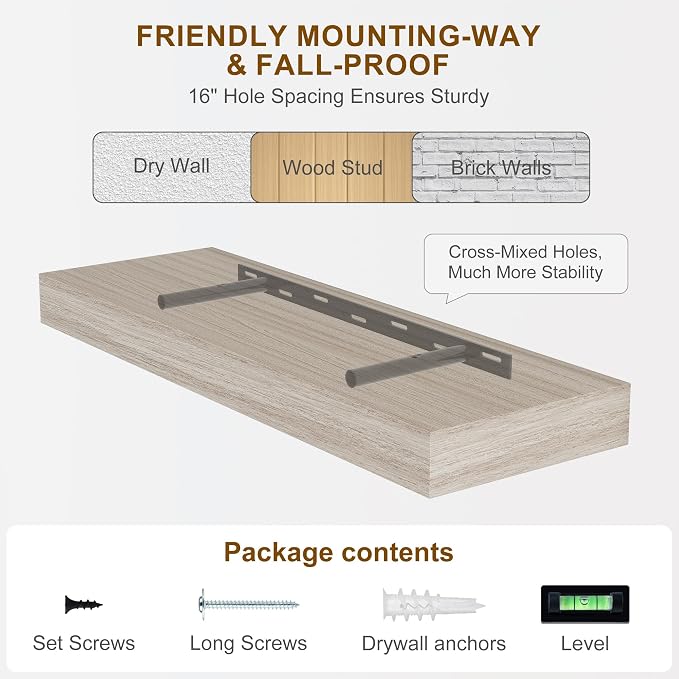 Fun Memories 60 Inch Fireplace Mantel - Long Floating Shelf, Wall Mounted Farmhouse Display with Invisible Heavy Duty Metal Bracket, Grey, 2 Pack