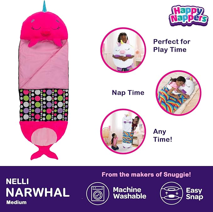Happy Nappers Pillow & Sleepy Sack- Comfy, Cozy, Compact, Super Soft, Warm, All Season, Sleeping Bag with Pillow- Narwhal (Medium- 54” x 20”)