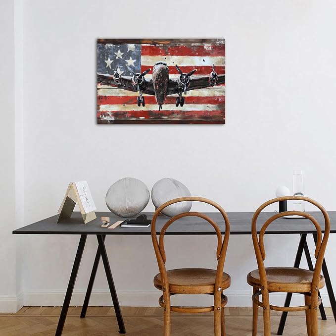 Airplane Wall Art Vintage Aircraft Picture Wall Decor for Bedroom Office Rustic USA Flag Prints Artwork Living Room Canvas Aircraft Propeller Pictures Posters Artwork Kitchen Home Decorations 16x24"