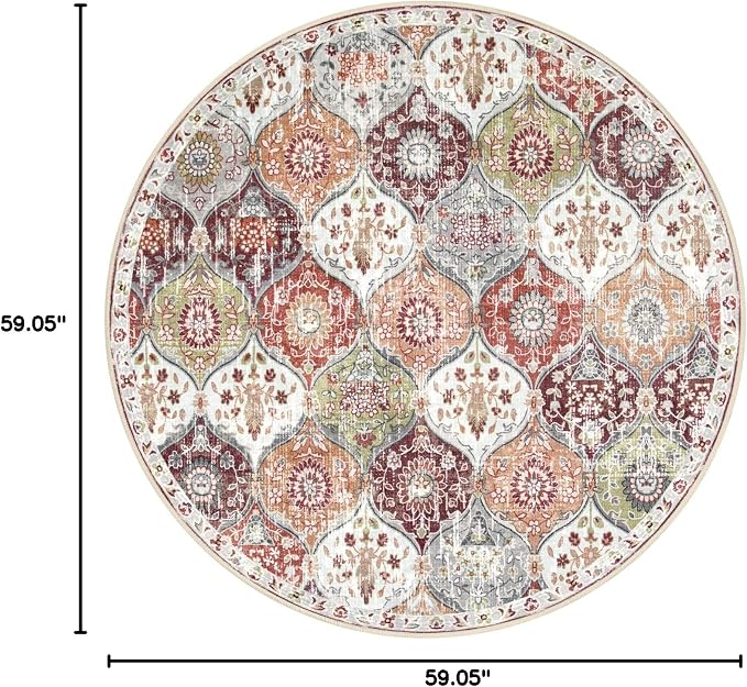 Lahome Moroccan Trellis Washable Round Area Rug, Round Rug 5ft Soft Non-Slip, Non-Shedding Distressed Circle Carpet for Bedroom Living Room Bathroom Nursery Elise, Orange/Terracotta
