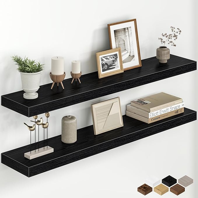 Fun Memories 40 Inch Floating Shelves for Wall, 8 Inch Deep Rustic Wood Floating Shelves Set of 2, Wall Mounted Hanging Shelf with Invisible Brackets for Bathroom, Bedroom, Kitchen, Living Room, Black