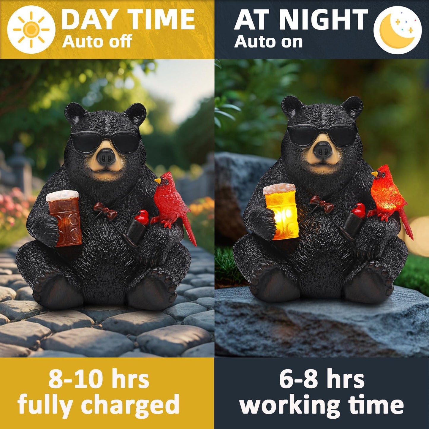 Solar Black Bear Statue for Garden with Beer and Cardinals 6.3" Resin Garden Statues for Outside Yard Paito Porch Decor Birthday Gardening Gifts for Women Mother Sister Grandmother Wife