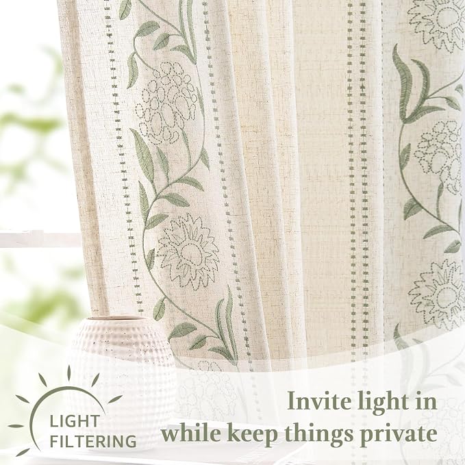 jinchan Winslow Linen Kitchen Curtains 36 Inch Length Small Window Curtains Embroidered Bordered Floral Drapes Light Filtering for Bathroom Laundry Room Farmhouse Decor Green on Beige 2 Panels