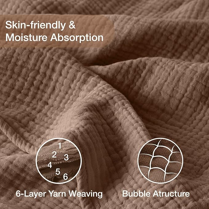 100% Cotton Muslin Blanket Large 50"x 70", Breathable and Lightweight Cotton Throw Blanket for Bed and Couch, Soft Cooling Summer Gauze Blanket for Adults All Season, Linen Brown