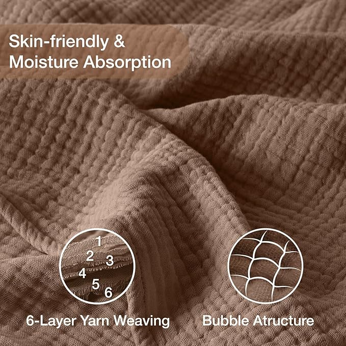 100% Cotton Muslin Blanket Queen 90" x 90", Breathable and Lightweight Cotton Throw Blankets for Bed, Soft Cooling Summer Gauze Blanket for Adults All Season, Tan