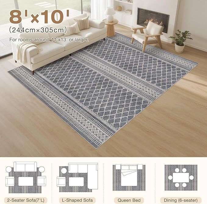 cotiled 8x10 Area Rug Living Room: Washable Boho Rugs with Non Slip Backing Large Soft Indoor Stain Resistant Carpet for Bedroom Farmhouse Dining Room Lightweight Home Decor Charcoal Grey