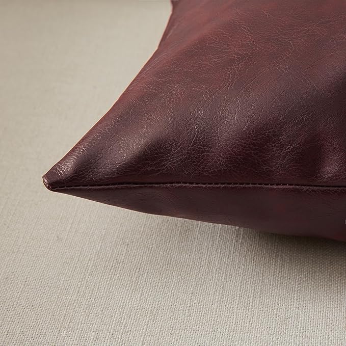 Fancy Homi Burgundy Faux Leather Boho Decorative Throw Pillow Covers 12x20 Inch, Thick Modern Solid Wine Red Cushion Case Set 30x50 cm for Couch Sofa Bed Livingroom, Rustic Modern Farmhouse Home Decor