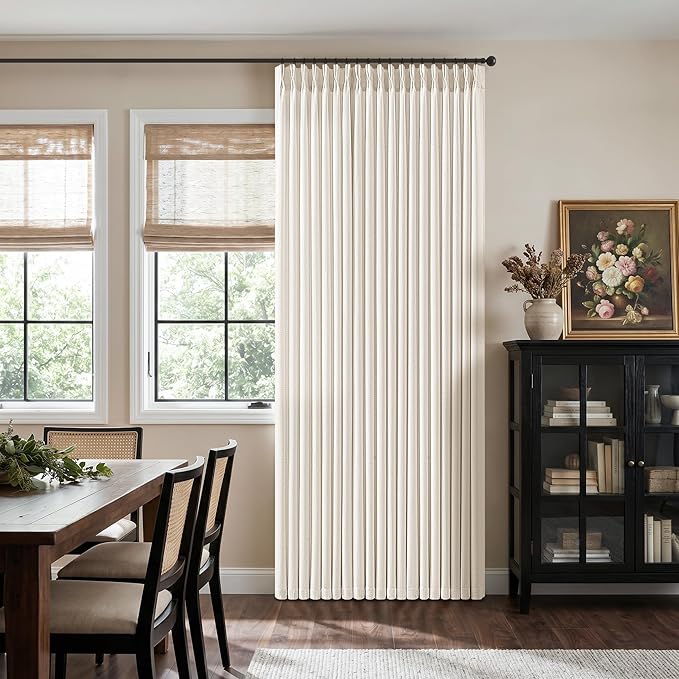 Pinch Pleated Linen Curtains 70 Inch Wide 1 Panel for Living Room Large Windows Farmhouse Light Filtering Linen Textured Natural Door Curtains with Rings 92 Inches Long Shaped Drapes for Sliding Door