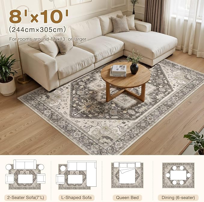 8x10 Area Rugs for Living Room - Large Carpet Ultra Thin Soft Washable Oriental Vintage Floral Distressed Big Indoor Carpets for Bedroom Nursery Dorm Home Decor Aesthetic - Dark Brown