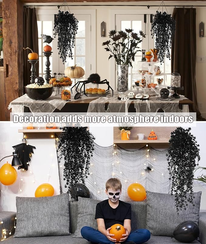 SJL Artificial Hanging Plant Pack of 4 Small Faux Hanging Plants Indoor Plastic Leavse Flower Hang Ferns Artificial Plants Eucalyptus Faux Ivy Flowers Decor for Outdoor Room (Black)