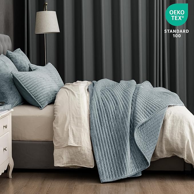PHF Luxury Velvet Quilt Set Twin Size – 2PCS Ultra Soft Quilted Comforter Alternative with Striped Channel, Cozy Quilted Bedspread, 1 Coverlet with 1 Matching Sham, 68" x 92", Dusty Blue