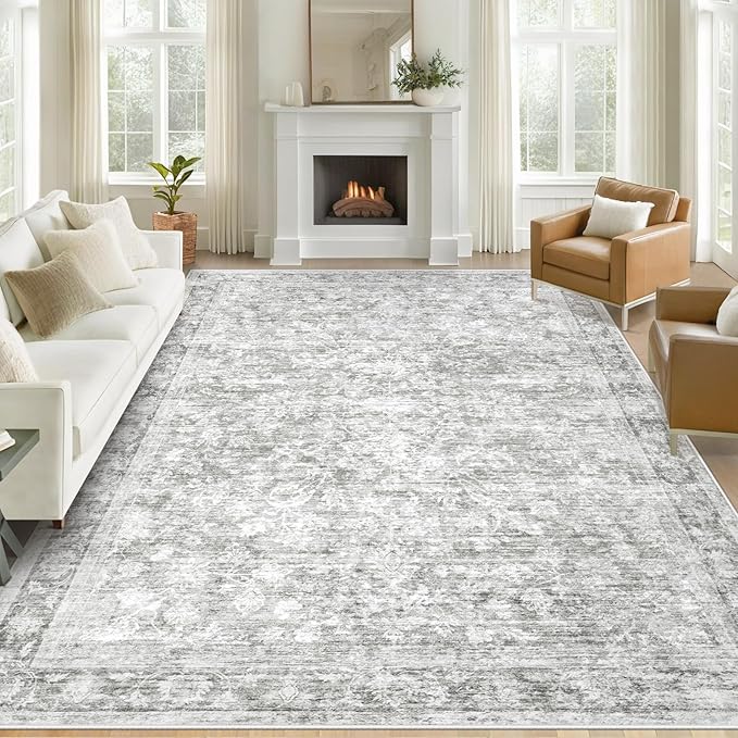 8x10 Area Rugs for Living Room: Washable Large Vintage Floral Rug Low Pile Non-Slip Boho Carpet for Bedroom Dining Home Office (Grey, 8'x10')