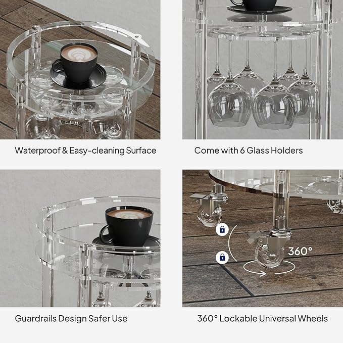 Eglaf Acrylic Bar Cart, Rolling Round Bar Cart, 2-Tier Home Serving Cart | Clear Bar Cart with Lockable Wheels, Glass Holders, for Bar, Living Room, Kitchen, 15.7" D x 15.7" W x 31.1" H