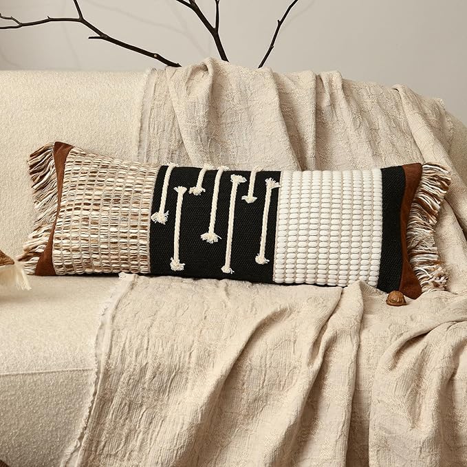 Boho Body Pillow Cover 12x28 Inches, Handwoven Cotton Linen Lumbar Pillow Cover with Tassels, Farmhouse Decorative Cushion Case for Bed Sofa (Black Brown)