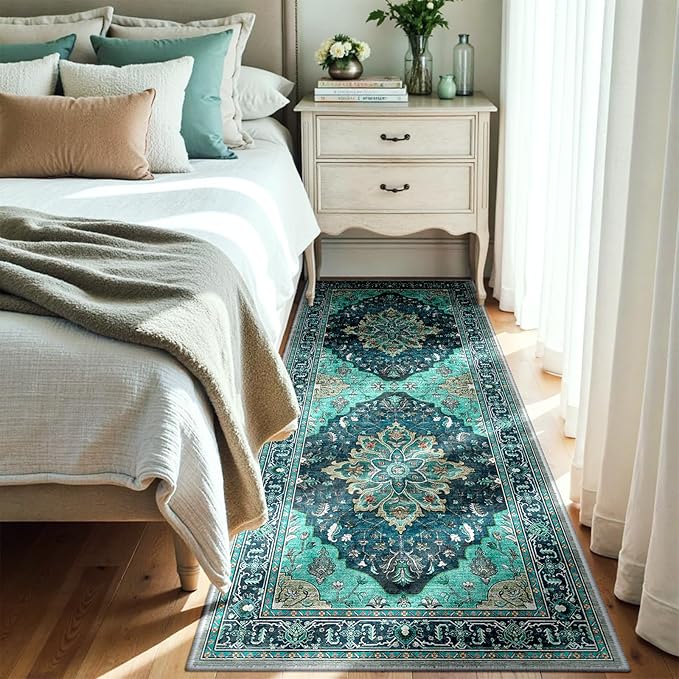 RELEANY Area Rugs 3'x7' Runner Rug Non Slip Washable for Kitchen Hallway Bedroom Beside Laundry Room Bathroom Rug, Floor Carpet, Teal Green Lake Blue Turquoise