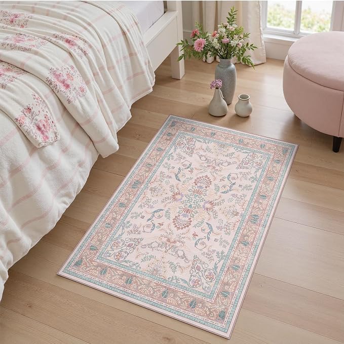 DCX 3x5 Pink Vintage Floral Rug, Machine Washable Non Slip Low Pile Carpet for Girl’s Bedroom, Nursery, Dorm, Kid & Pet Friendly Soft Stain Resistant Rug