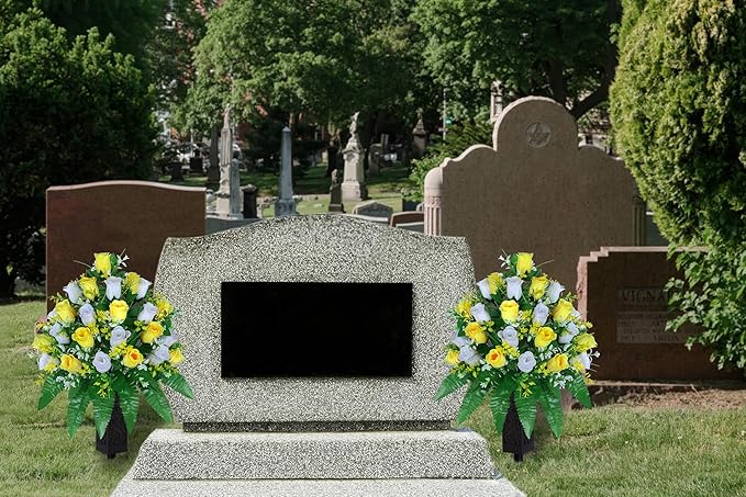 LVXINLI Artificial Cemetery Flowers, Gravesite Decoration Roses, Memorial Bouquets with Cemetery Vase, Vibrant and Long-Lasting Colors (Yellow+White, 2 Bundles)