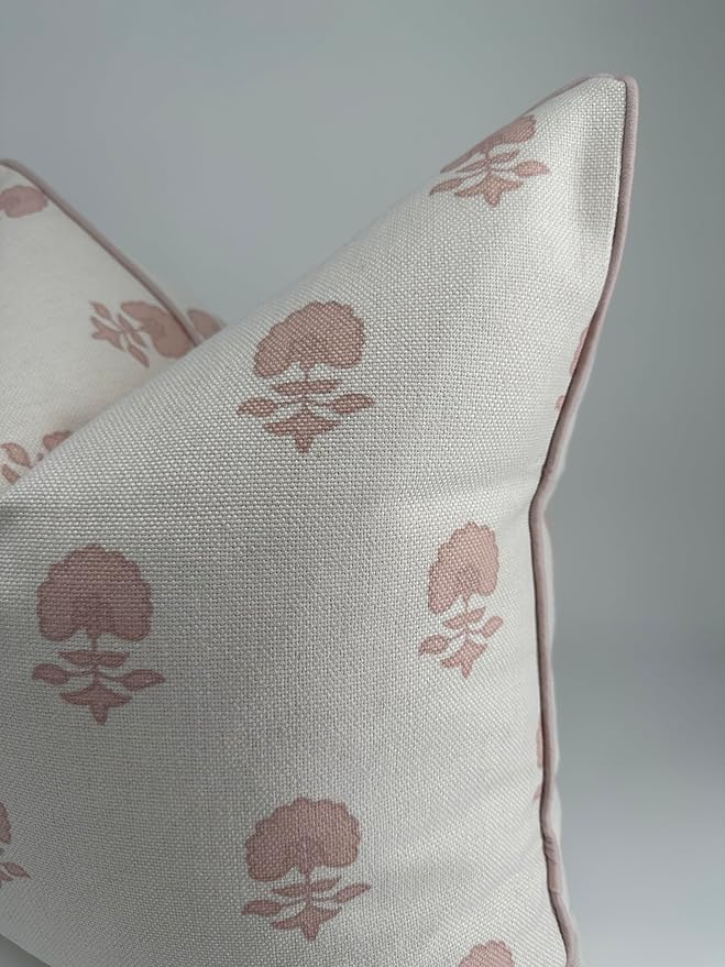 Jillien Harbor “The Lauderdale” Floral Block Print Pillow Cover – Blush Pink and Off-White Decorative Throw Pillow Cover – Grandmillennial Home Decor, 20" x 20"