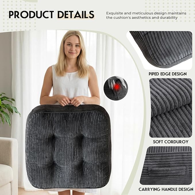 11" Thick Washable Floor Pillow for Adults, Yoga & Meditation Cushion with Handle, Square Large Pillows Seating with Removable Tufted Corduroy Cover for Tatami Living Room Board Games, Dark Gray