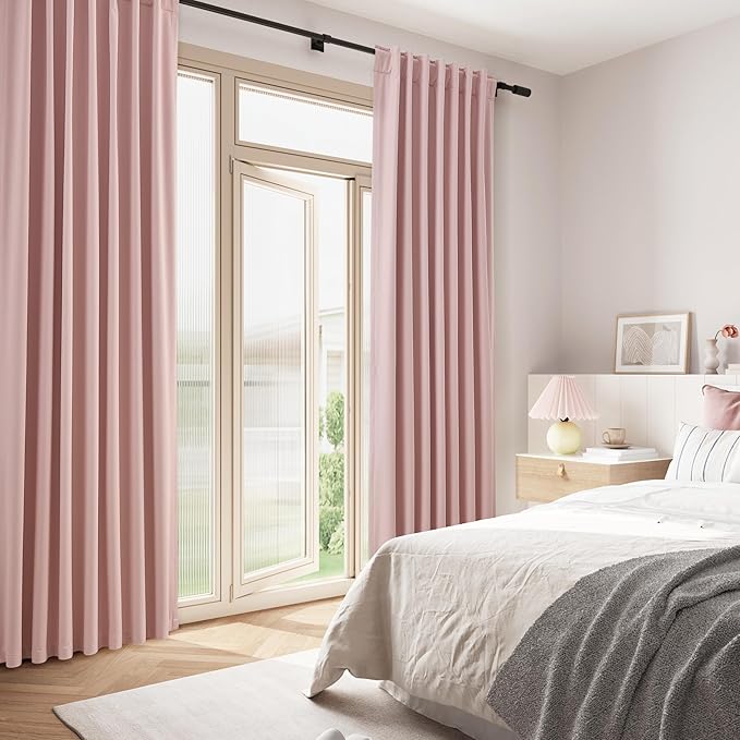 Guken 100% Blackout Linen Curtains 96 Inch 2 Panels Set for Girl's Bedroom, Living Room, Nursery, Back Tab Thermal Insulated Black Out Drapes Room Darkening, Pink