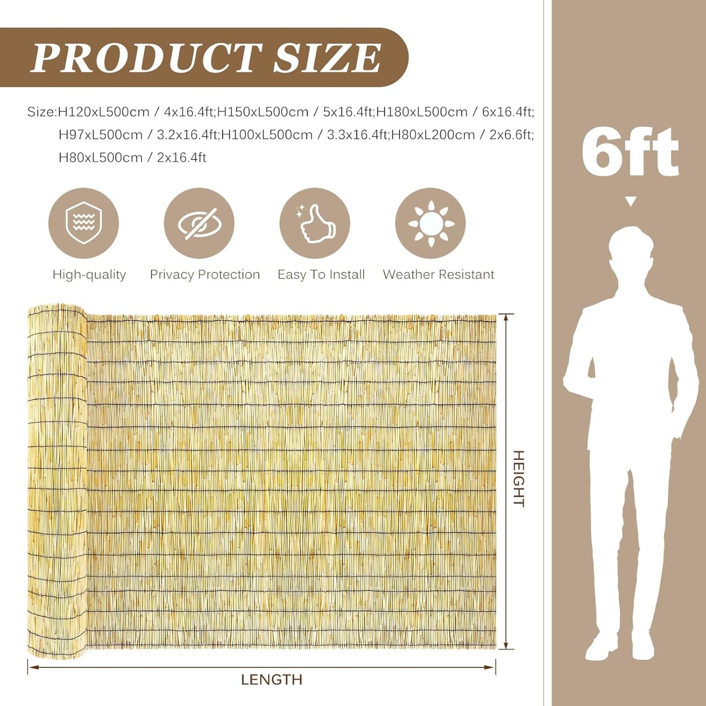 Natural Reed Fencing Rolls: Privacy Bamboo Fence 3/4/5/6ft High Roll Reed Screen, Decorative Bamboo Fencing for Outdoor Balcony Patio Garden Backyard,with Cable Zip Ties(Nature, 2.6x16.4ft)