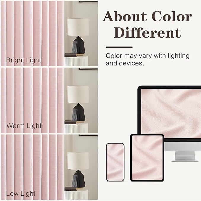Light Pink Pinch Pleated Linen Curtains 96 Inches Long for Girls Bedroom Living Room, Light Filtering Pleat Drapes Textured Thick Blush Semi-Sheer Window Curtain with Hooks for Nursery, 2 Panels