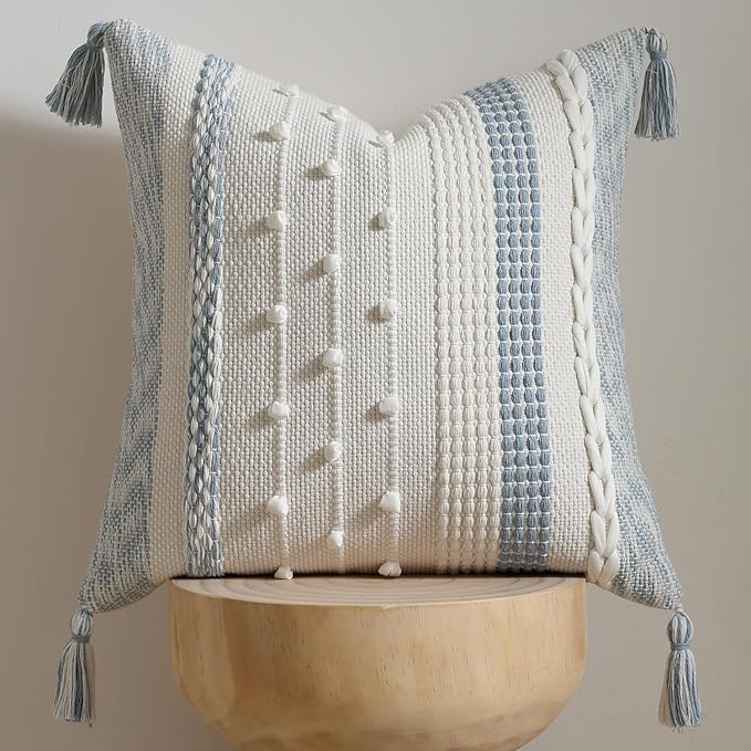 DEZENE Boho Pillow Cover 18x18 Coastal Blue - Handmade Woven Textured Throw Pillow Case with Cordings & Tassels, Decorative Accent for Couch Sofa Bed Farmhouse Living Room Bedroom Home Decor