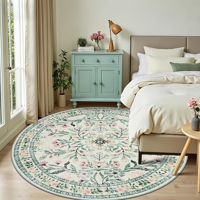 Round Area Rug for Living Room: 8 ft Floral Washable Circle Rug Soft Boho Non-Slip Carpet Indoor Floor Stain Resistant Low Pile Small Circular Rug for Bedroom Entryway Kitchen Nursery Green/Beige