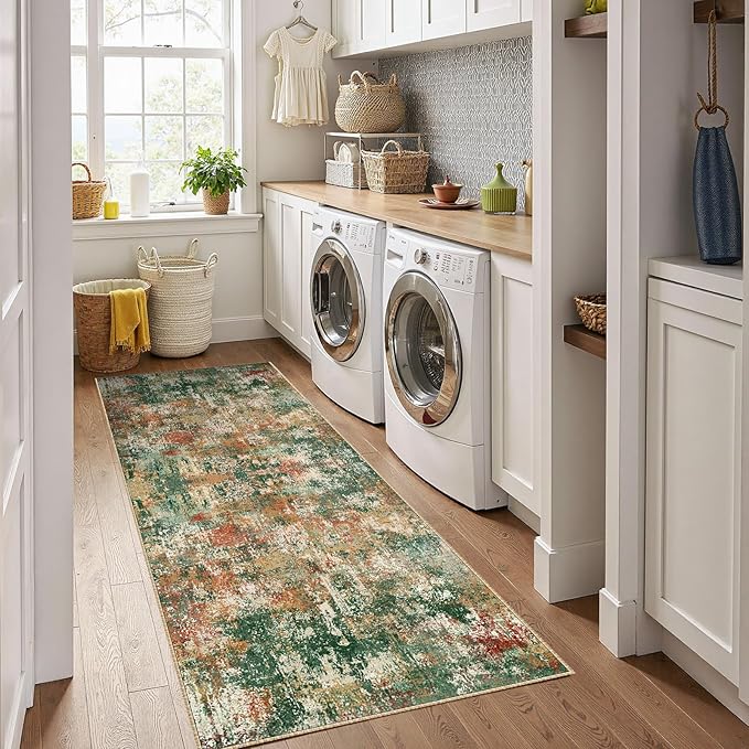 RELEANY Washable Area Rugs 2'x6' Non-Slip Modern Abstract Soft for Living Room Entryway Bedroom Nursery, Print Pattern, Green Orange Rust Red Cream Colorful
