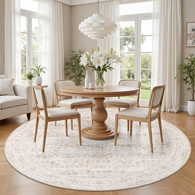 Round Area Rug for Living Room: 8 ft Washable Vintage Boho Soft Thin Circle Rug Indoor Floor No Slip Stain Resistant Carpet for Bedroom Dining Room Farmhouse Nursery Home Office -Beige Brown