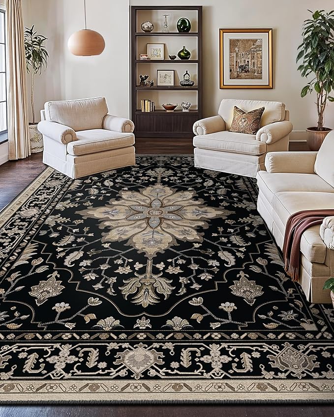 RELEANY Area Rugs 10'x14' Washable Non-Slip, Floral Vintage Distress Print Pattern Medallion Carpet for Living Room Bedroom Dining Room, Black Brown Neutral Dark Tan