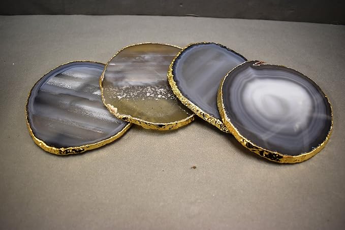 Nature's Decorations Natural Agate Stone Coasters - Set of 4 Polished Geode Drink Mats for Dining & Coffee Table & Kitchen Decor No Dye 4.5-5" Diameter