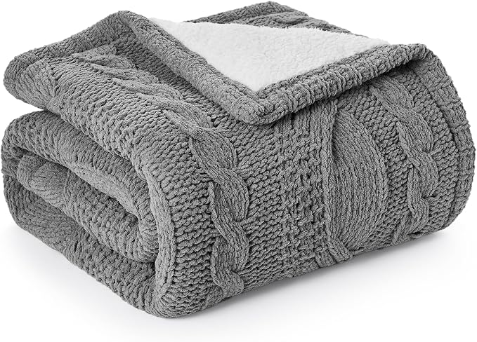 Amélie Home Cable Knit Throw Blanket for Couch, Chenille Sherpa Soft Cozy Throw Blankets for Sofa Chair Comfortable Home, 50"x60", Gray