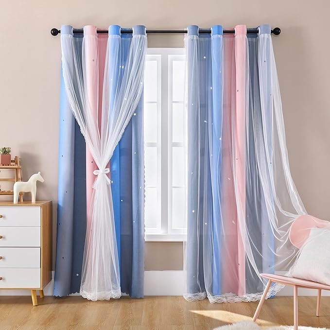 XiDi Blackout Curtains for Girls Bedroom Decor, Ideal for Kids Room with Unicorn Theme Princess Room Decor 72 inches Length Curtain 2 Panels Set Pink/Grey/Blue