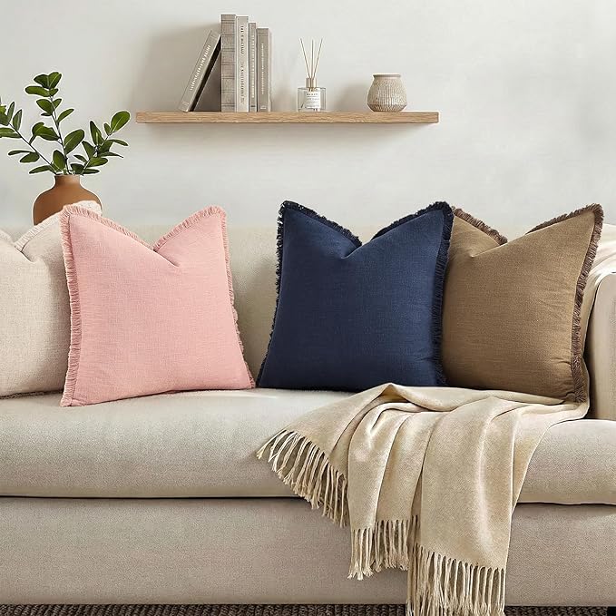 decorUhome Summer Decorative Neutral Linen Fringe Throw Pillow Covers Set of 2 Navy Blue Pillow Covers with Tassels Soft Farmhouse Boho Accent Pillow Cases for Couch Bed Sofa 20x20 Inch