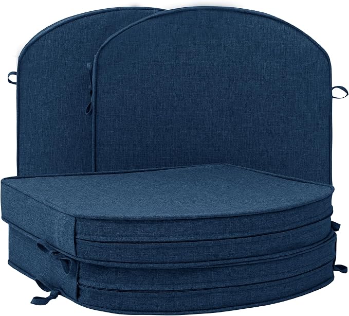 Outdoor Chair Cushions, Fade-Resistant & Water-Resistant, D Shaped Patio Furniture Seat Chair Pads Replacement with Ties, Non-Slip Bottom, Removable Cover, Set of 4, 18.5 x 16 Inch, Navy Blue