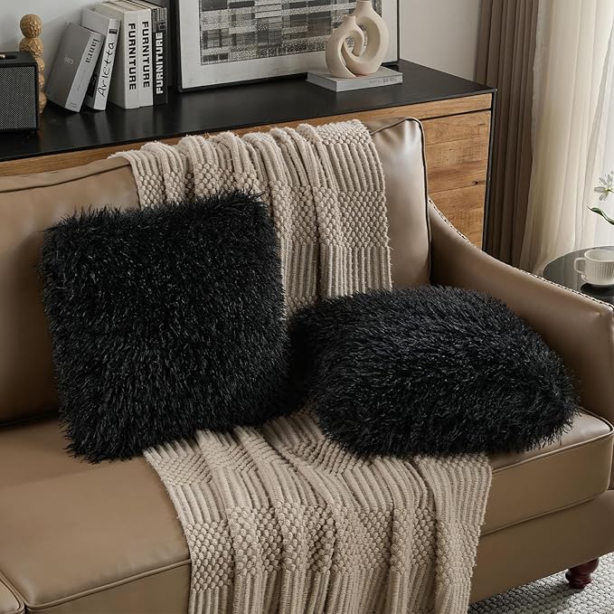 FUTEI Pack of 2 Shaggy Mongolian Faux Wool Throw Pillow Covers 18x18 Inch Soft Decorative Cushion Case for Couch Bed Living Room, Black
