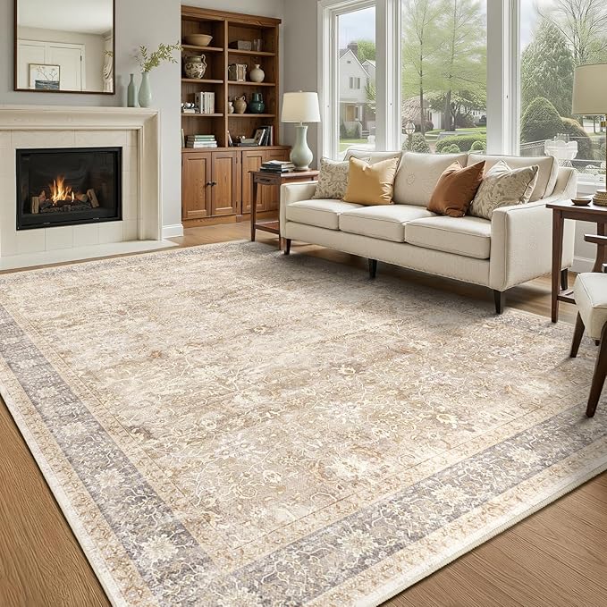 Beige Taupe Area Rug 6x9, Vintage Neutral Earth Tone Rugs for Living Room Bedroom, Washable Non Slip Low Pile Thin Carpet Rug for Dining Room Playroom Guest Room Home Office