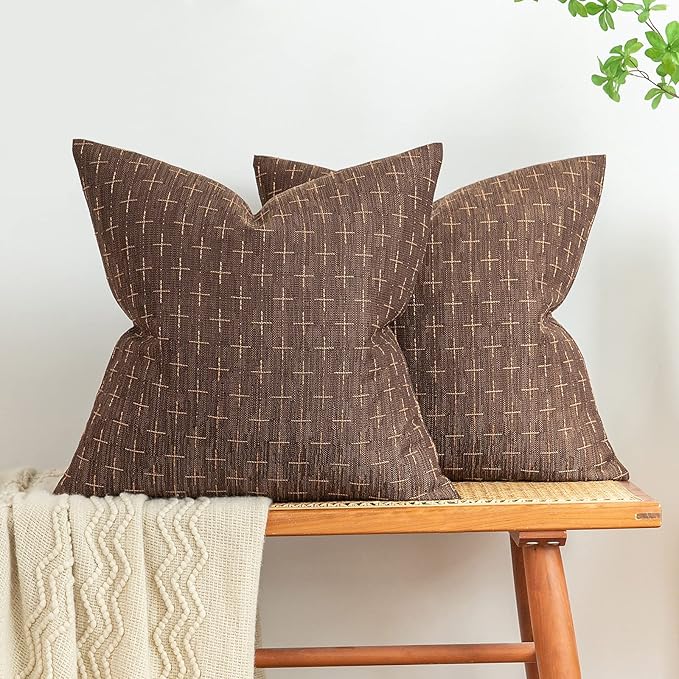 MIULEE Pack of 2 Decorative Vintage Burlap Linen Euro Sham Brown Throw Pillow Covers for Sofa Couch Bed 24x24 Modern Farmhouse Pillowcase Rustic Woven Textured Cushion Cover Inch Dark Coffee