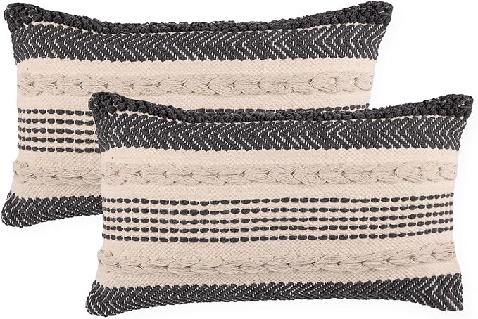 REDEARTH · Boho Textured Throw Pillow Cushion Covers - Cotton Lumbar Woven Tufted Decorative Farmhouse Cases Set for Couch, Sofa, Bed, Chair, Dining, Patio (12"x 20", Precis Descant Gray) Pack of 2