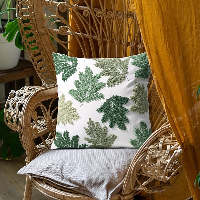 Set of 2 Embroidered Decorative Throw Pillow Covers Couch Square Pillowcases Cushion for Bedroom Sofa Farmhouse Decor 18x18 Inch (Green Maple Leaf)