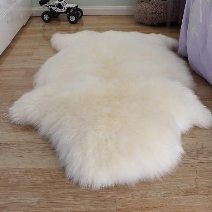 Woolous Sheepskin Rug, Large Genuine Sheep Skin Pelt 3.5x2.3 ft Ivory-White | Genuine New Zealand sheepskin with extra thick fluffy wool. Use as area rug, chair throw, sofa cover or bedroom decor.