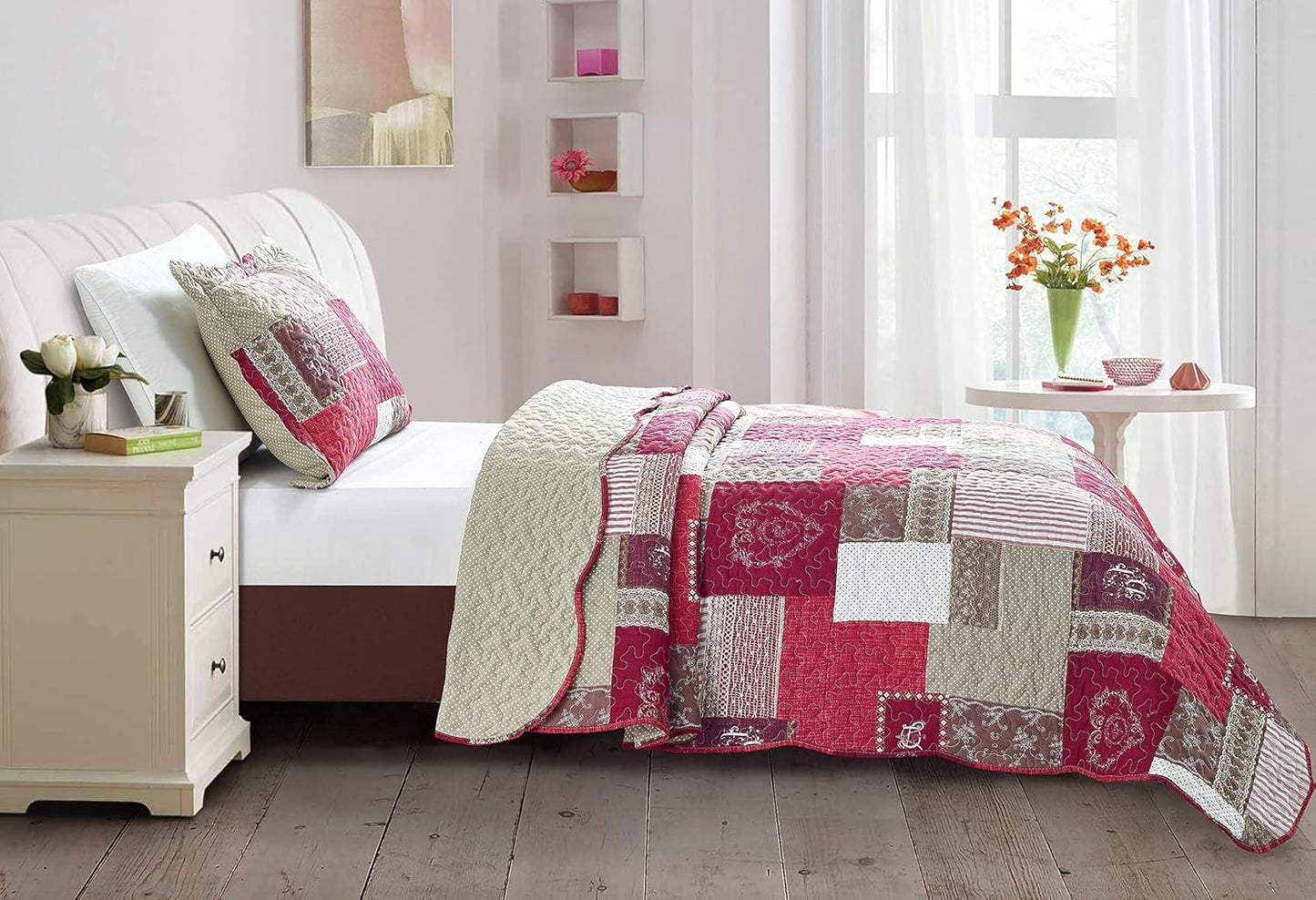 Brilliant Sunshine Burgundy Heart Love, Floral and Lace Patchwork, 2-Piece Quilt Set with 1 Sham, Reversible Bedspread, Soft Lightweight Coverlet, All-Season, Twin, Burgundy