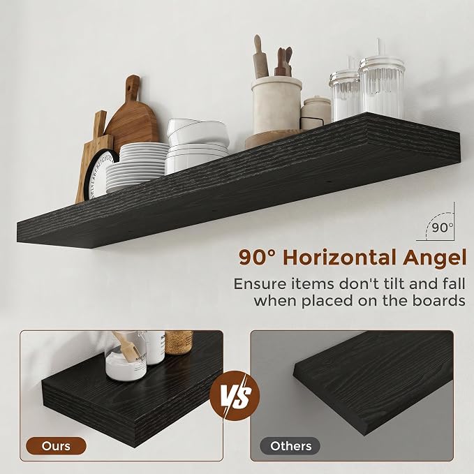 Heimlove 51 Inch Floating Shelves for Wall 8 Inch Deep Black Shelves Set of 2,Wall Mounted Rustic Wood Long Floating Shelf，Large Display & Storage Shelf with Invisible Brackets