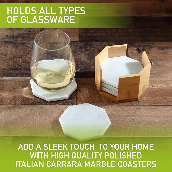 White Carrara Marble Coasters (Set of 5)- Durable, Thick Coasters w Coaster Holder for Easy Storage - Protects Any Table Type & Fits Any Mug, Drinking Glass, Barware -Great Wedding