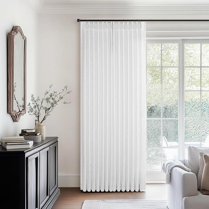 92 Inch Pinch Pleated Curtains for Living Room 2 Panels Rustic Beige White Thick Linen Textured Light Filtering Pinch Pleat Drapes Minimalist Back Tab Semi Sheer Window Curtain for Bedroom Kitchen