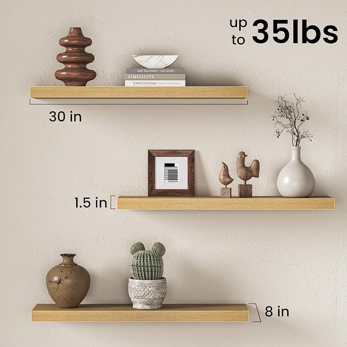 Fun Memories 30 Inch Floating Shelves for Wall, 8 Inch Deep Rustic Wood Wall Mounted Shelves with Invisible Brackets for Bathroom, Bedroom, Kitchen & Living Room Storage Decor, Oak, 2 Pack
