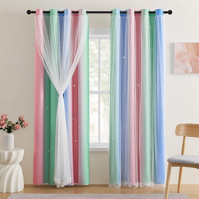 XiDi Short Curtains for Girls Bedroom Decor Kids Blackout Curtains for Nursery Room Darkening Rainbow Princess Unicorn Wall Decals Little Girl Pink Green Blue 34x45 Inches Long 2 Panels Set