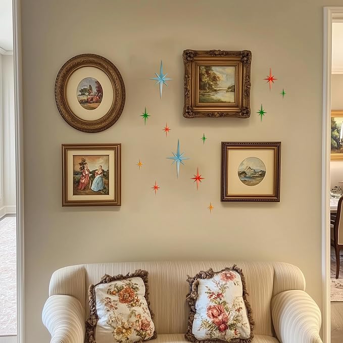 Stylor Mid Century Modern Decor - Whimsigoth MCM Retro 3D Star Wall Art Sculpture, Vintage Celestial Home Decor Accent, Plastic Starburst Decor (Set of 6)